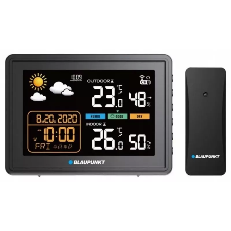 Wetterstation BLAUPUNKT WS30BK mit kabellosem Außensensor, Farb-LCD, Uhr, Alarm, Barometer, °C, 1 Sensor