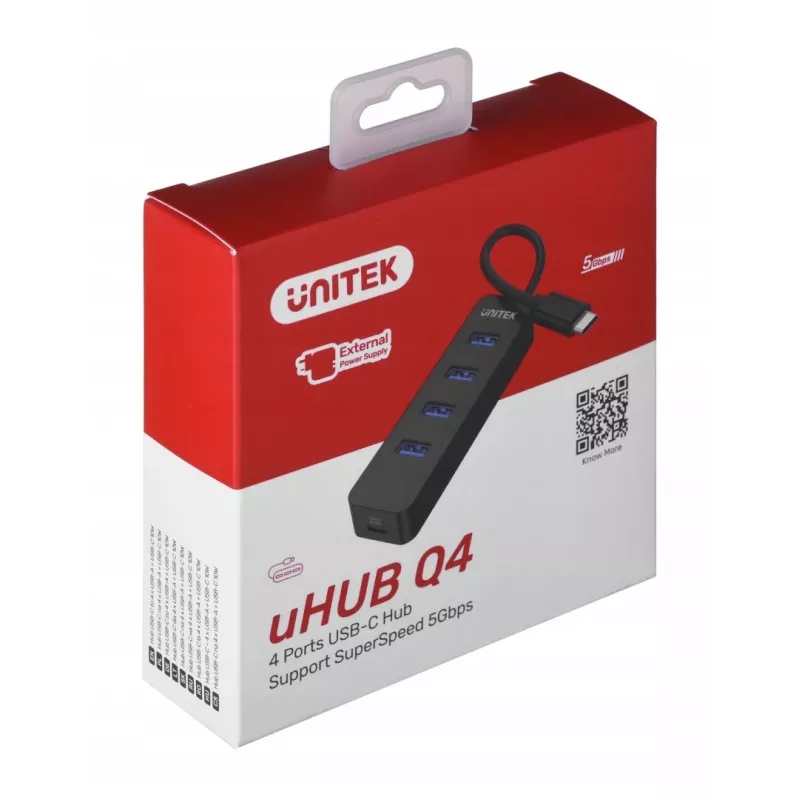 USB-Hub Unitek uHUB Q4 – 4-Port USB 3.2 Gen 1 (Typ-A) Hub, USB-C Host, 5 Gbit/s, 10 W, schwarz