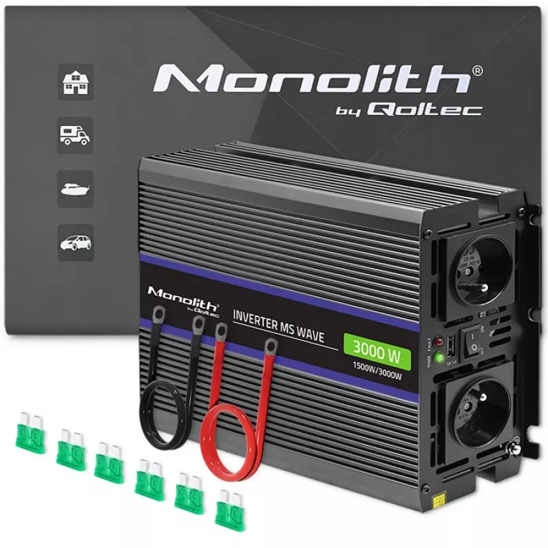 Wechselrichter QOLTEC Monolith 3000 MS Wave, 12V→230V, 1500/3000W, mit USB