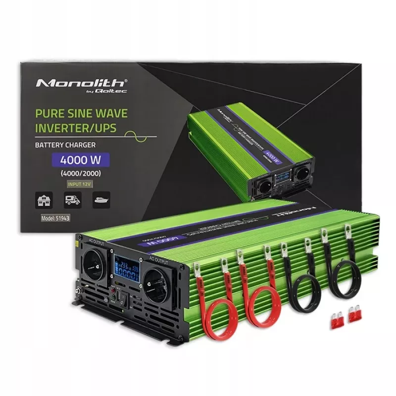 Qoltec Monolith Spannungswandler | Batterieladung | USV | 2000W | 4000W | 12V auf 230V | Reine Sinuswelle | LCD schwarz-grün