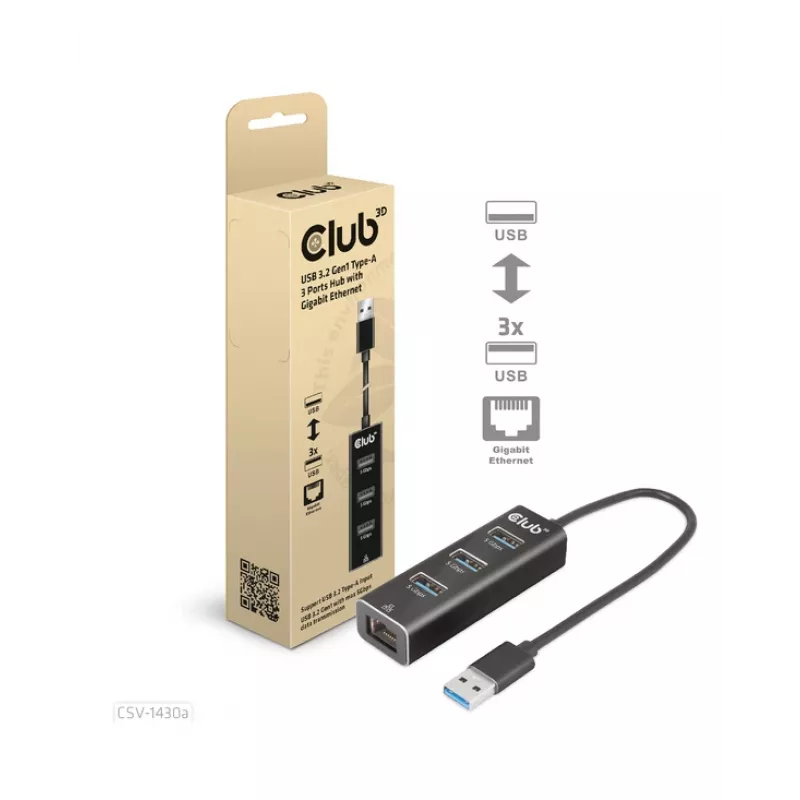 USB-Hub CLUB3D USB 3.2 Gen1 Type-A mit 3 Anschlüssen und Gigabit-Ethernet