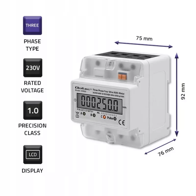 Dreiphasiger elektronischer Energiezähler QOLTEC 50900 400V LCD 4P