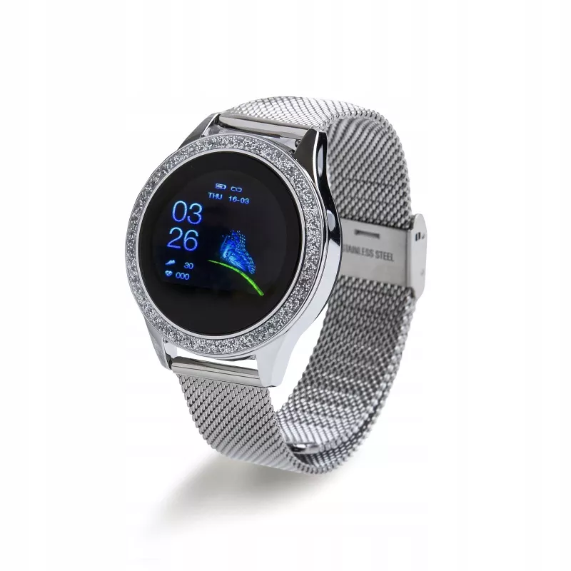 Smartwatch ORO-MED ORO-SMART CRYSTAL SILVER — rundes Metallgehäuse, LCD 240 × 198, 1,04 Zoll Display, Bluetooth 4.0, wasserdicht, 120 mAh Batterie