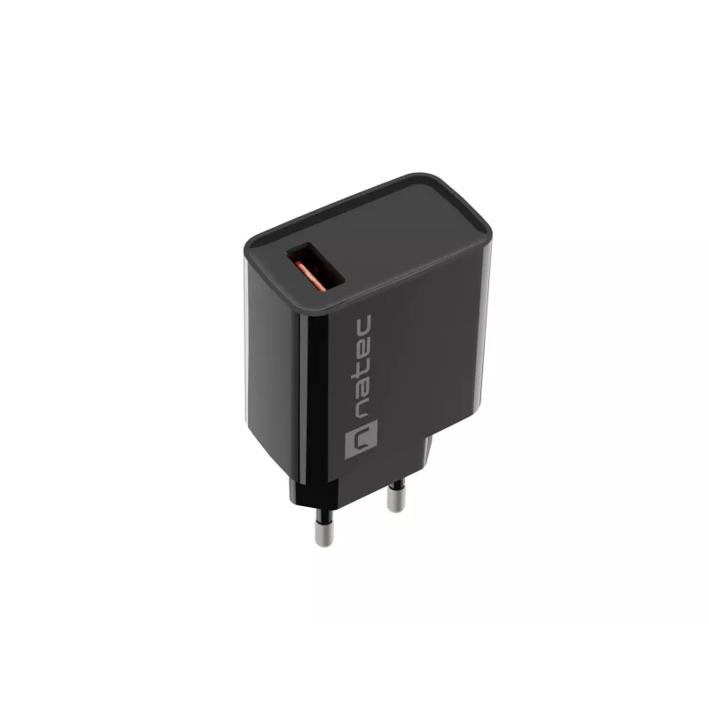 NATEC AC-Schnellladegerät für den Innenbereich, kabelgebunden, Ribera – 18 W (5–15 V, bis zu 3 A), 1× USB-A, Huawei FCP/SCP, schwarz