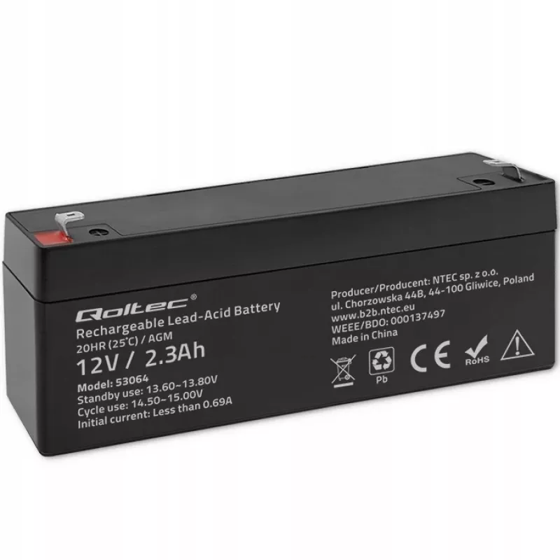 Versiegelte AGM-Batterie QOLTEC 12V 2,3Ah für USV- und Backup-Systeme, max. Entladung 34,5A