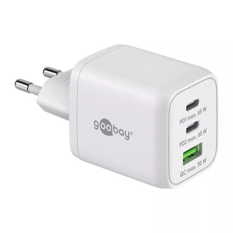 USB-C Fast Charger Nano, PD, GaN, 65 Watt (Weiß, 1x USB-A, 2x USB-C PD, Charge 3.0)