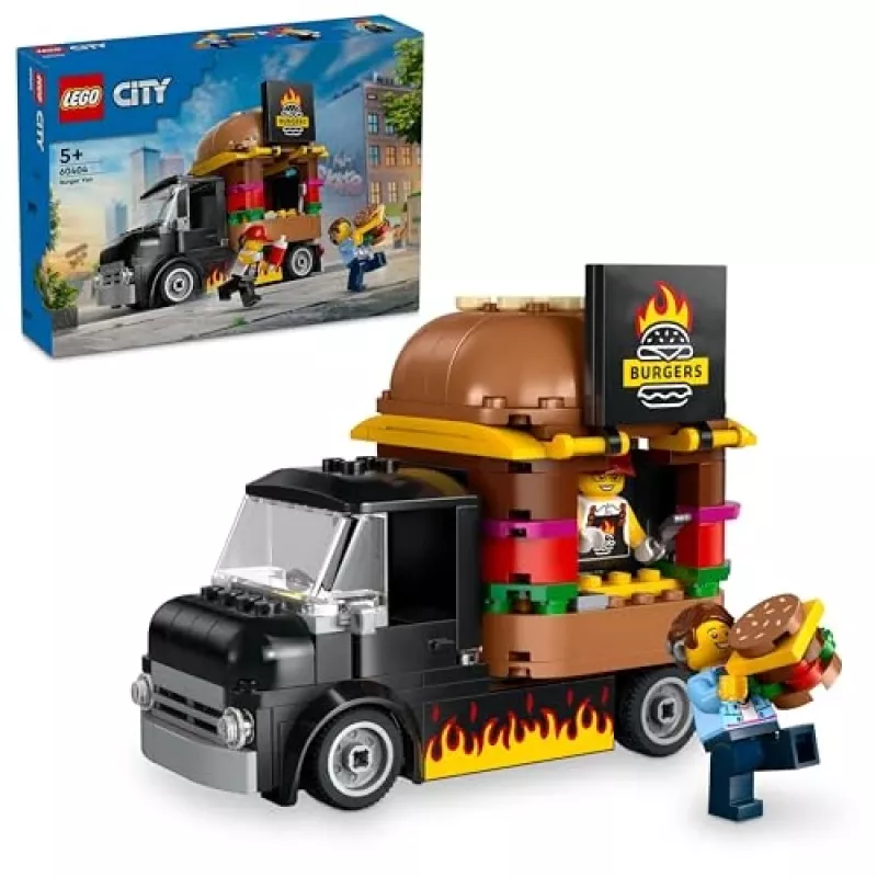 LEGO City Burger Van Food Truck Spielzeug für Jungen und Mädchen ab 5 Jahren, Fahrzeug-Bauspielzeug, Küchen-Spielset mit Verkäufer-Minifigur und Zubehör