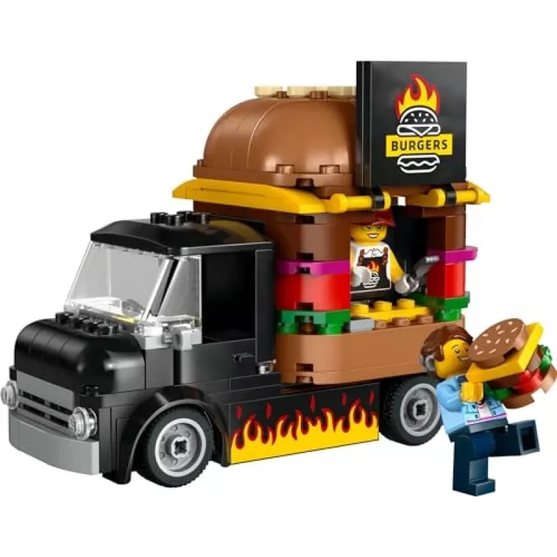 LEGO City Burger Van Food Truck Spielzeug für Jungen und Mädchen ab 5 Jahren, Fahrzeug-Bauspielzeug, Küchen-Spielset mit Verkäufer-Minifigur und Zubehör