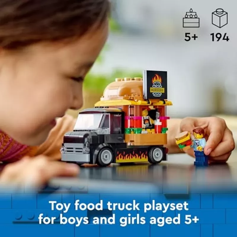 LEGO City Burger Van Food Truck Spielzeug für Jungen und Mädchen ab 5 Jahren, Fahrzeug-Bauspielzeug, Küchen-Spielset mit Verkäufer-Minifigur und Zubehör