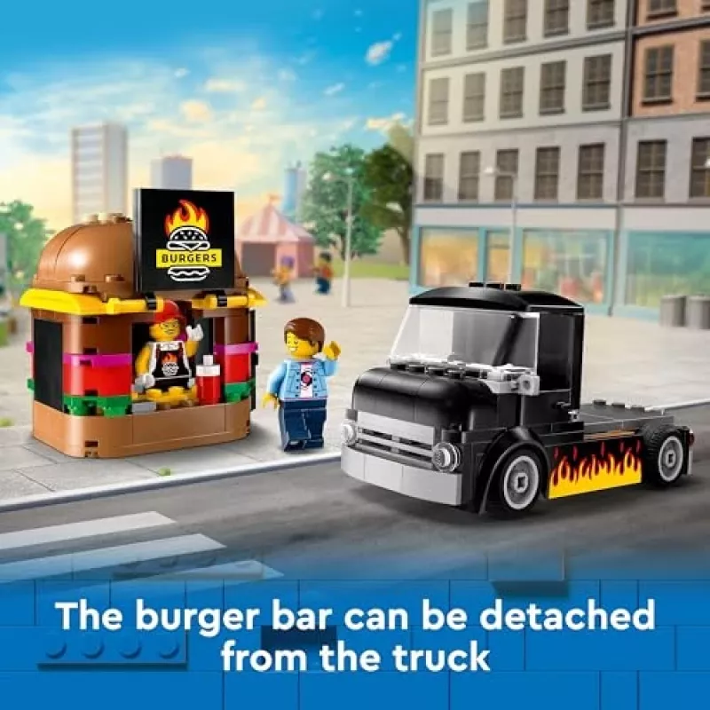 LEGO City Burger Van Food Truck Spielzeug für Jungen und Mädchen ab 5 Jahren, Fahrzeug-Bauspielzeug, Küchen-Spielset mit Verkäufer-Minifigur und Zubehör