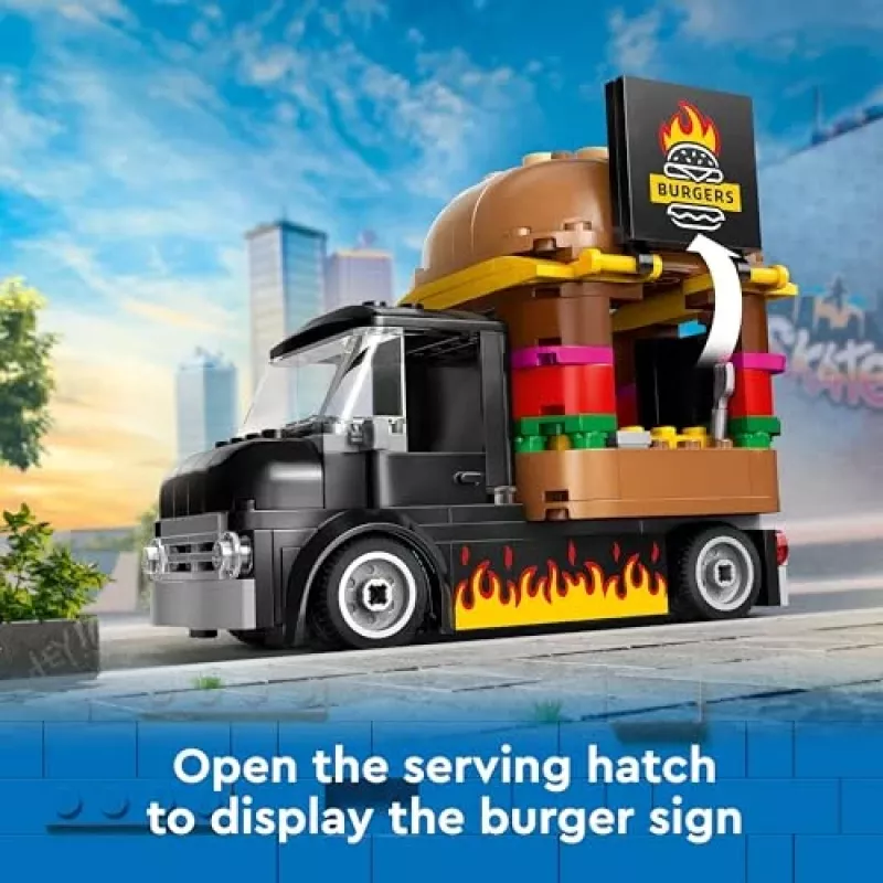 LEGO City Burger Van Food Truck Spielzeug für Jungen und Mädchen ab 5 Jahren, Fahrzeug-Bauspielzeug, Küchen-Spielset mit Verkäufer-Minifigur und Zubehör