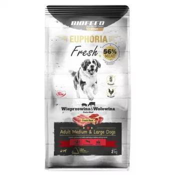 Trockenfutter für Hunde BIOFEED Euphoria Fresh Adult Medium & Large Pork & Beef 2 kg, 28% Protein, 15% Fett, gluten- und sojafrei