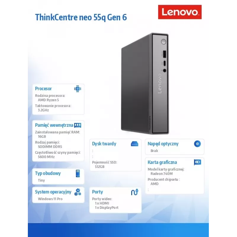 Lenovo ThinkCentre Neo 55q Tiny G6 Mini PC, AMD Ryzen 5, 16GB RAM, 512GB SSD, Windows 11 Pro, Schwarz