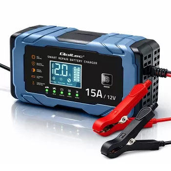 Qoltec Intelligent Microprocessor Charger 12V 15A | Rectifier with Repair Function | AGM GEL LiFePO4 | 9-Stage Charging