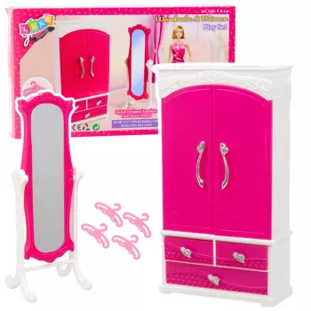 LEAN TOYS Puppenmöbel-Set Kleiderschrank mit Spiegel und Kleiderbügeln Rosa