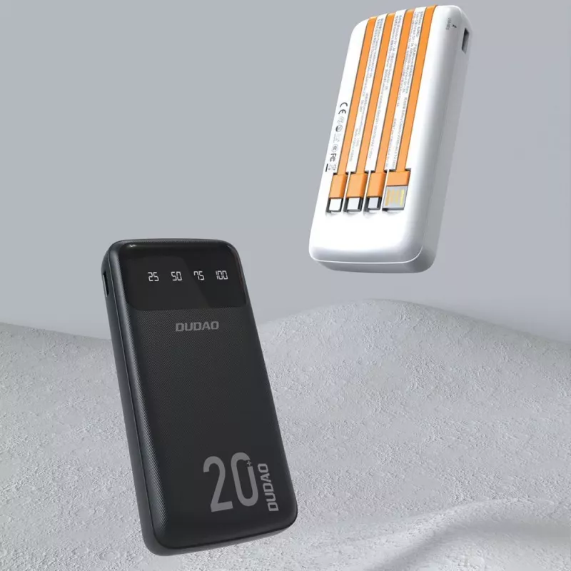 Dudao K6Pro+ Power Bank 20000mAh mit 4 integrierten Kabeln USB-C Micro USB Lightning USB-A Eingang Schwarz