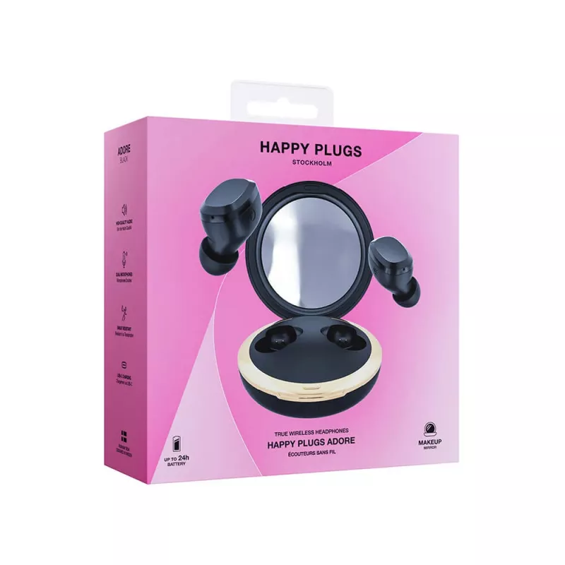 Happy Plugs Adore Kabellose In-Ear-Kopfhörer mit Spiegel-Ladecase (Schwarz)