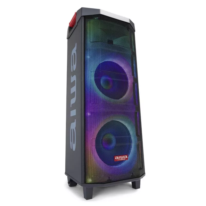 AIWA Power Audio Speaker KBTUS-710MKII 700W Tragbarer Party-Lautsprecher mit Bluetooth, USB, SD, AUX, FM-Radio, LED-Lichtern, Trolleygriff, Rollen, Fernbedienung, Mikrofon