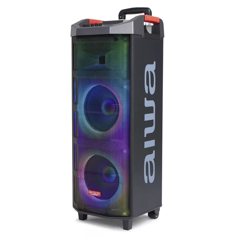 AIWA Power Audio Speaker KBTUS-710MKII 700W Tragbarer Party-Lautsprecher mit Bluetooth, USB, SD, AUX, FM-Radio, LED-Lichtern, Trolleygriff, Rollen, Fernbedienung, Mikrofon