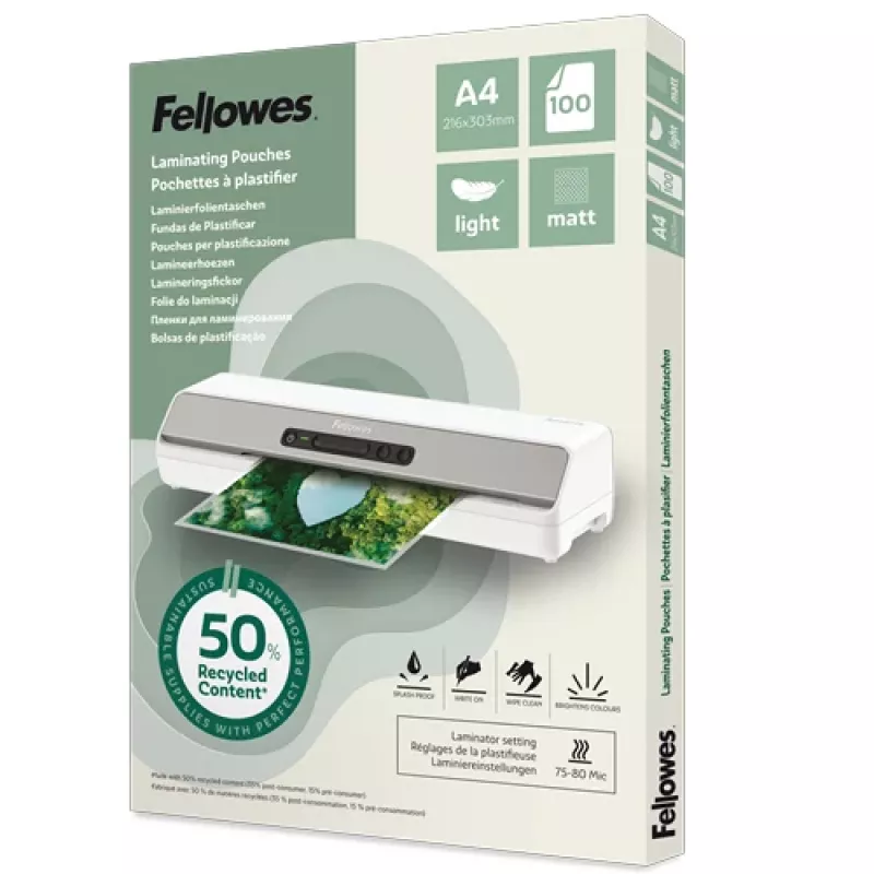 Fellowes 100er-Pack A4 matte Laminierfolien, 80 Mikron, recycelt