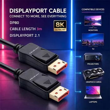 Qoltec DisplayPort 2.1 Kabel 3m 8K 54Gbps Stecker auf Stecker