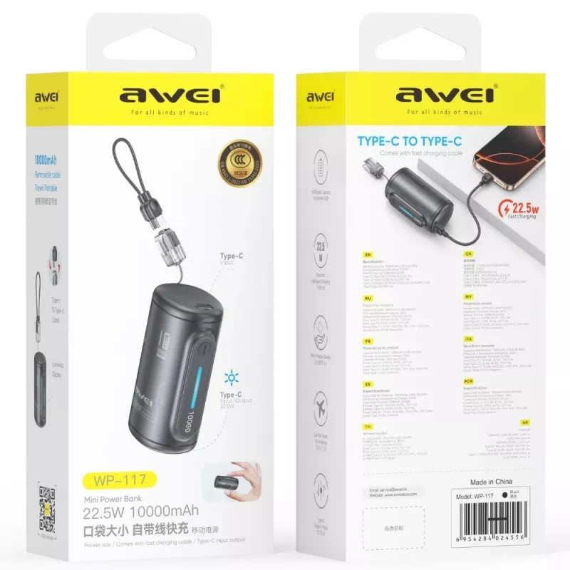 AWEI WP-117 Power Bank 10000mAh 22.5W 3C2xUSB-C Schwarz