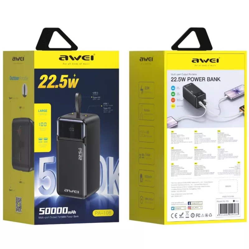 AWEI PA-106 Power Bank 50000mAh 22.5W PD 3xUSB-C Schwarz