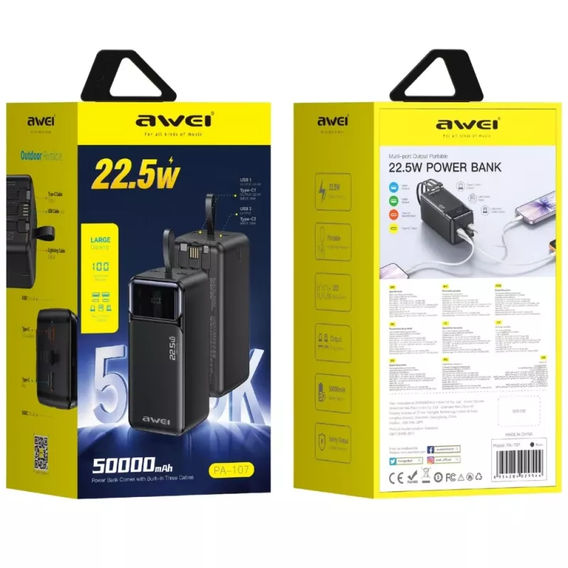 AWEI PA-107 Power Bank 50000mAh 22.5W PD 3xUSB Schwarz
