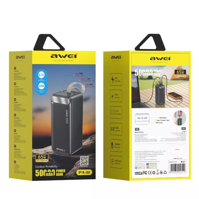 AWEI PA-81 Power Bank 50000mAh 65W PD 2xUSB-A/USB-C Schwarz