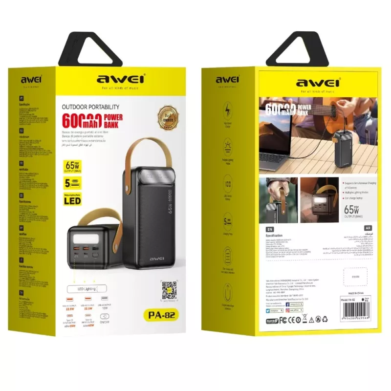 AWEI PA-82 Power Bank 60000mAh 65W PD 2xUSB-A/USB-C Schwarz