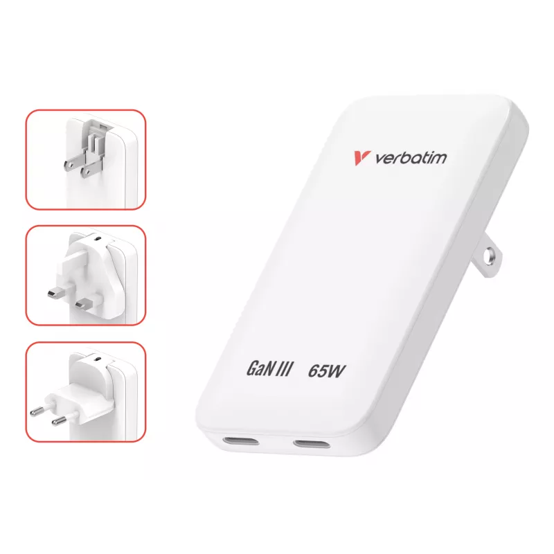 Verbatim Slim GaN Charger 2 Port 65W (EU/UK/US) Weiß