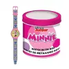 PULIO Analoguhr in Blechdose - Disney Minnie Maus, rosa PU-Lederarmband, Quarzwerk, 30mm Metallgehäuse, spritzwassergeschützt, Mädchen ab 6 Jahren