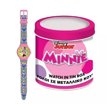 PULIO Analoguhr in Blechdose - Disney Minnie Maus, rosa PU-Lederarmband, Quarzwerk, 30mm Metallgehäuse, spritzwassergeschützt, Mädchen ab 6 Jahren
