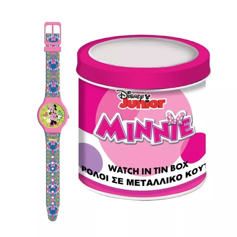 PULIO Analoguhr in Blechdose - Disney Minnie Maus, rosa PU-Lederarmband, Quarzwerk, 30mm Metallgehäuse, spritzwassergeschützt, Mädchen ab 6 Jahren