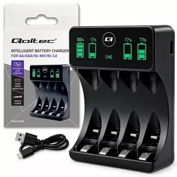 Qoltec NiMH/NiCd Akku-Ladegerät für AA, AAA, C, D, 9V mit LCD-Anzeige und USB-C-Kabel - Schwarz