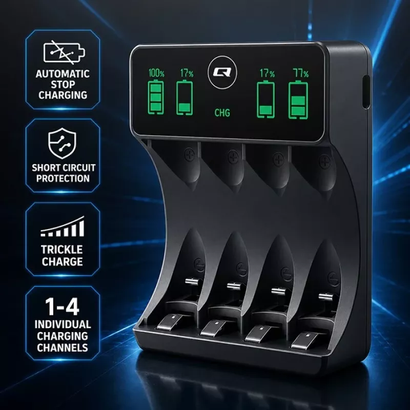 Qoltec NiMH/NiCd Akku-Ladegerät für AA, AAA, C, D, 9V mit LCD-Anzeige und USB-C-Kabel - Schwarz