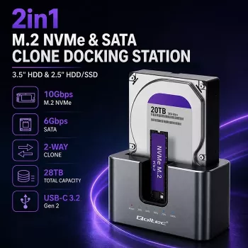 Qoltec 2in1 HDD SSD Docking Station SATA M.2 NVMe mit Klonfunktion, USB-C 3.2 Gen 2, 10Gbps, bis zu 28TB, Aluminium