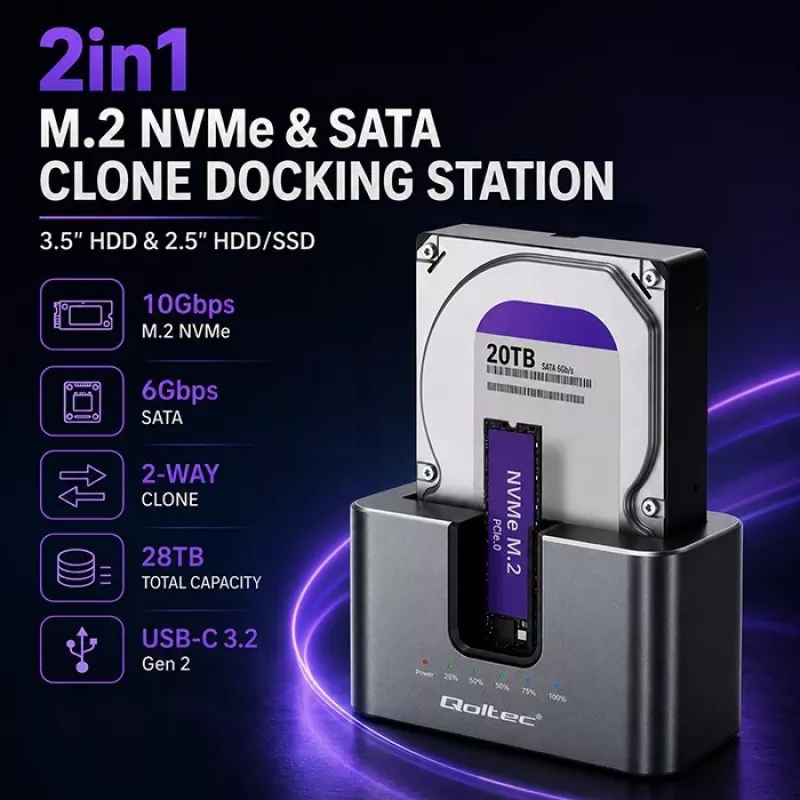 Qoltec 2in1 HDD SSD Docking Station SATA M.2 NVMe mit Klonfunktion, USB-C 3.2 Gen 2, 10Gbps, bis zu 28TB, Aluminium
