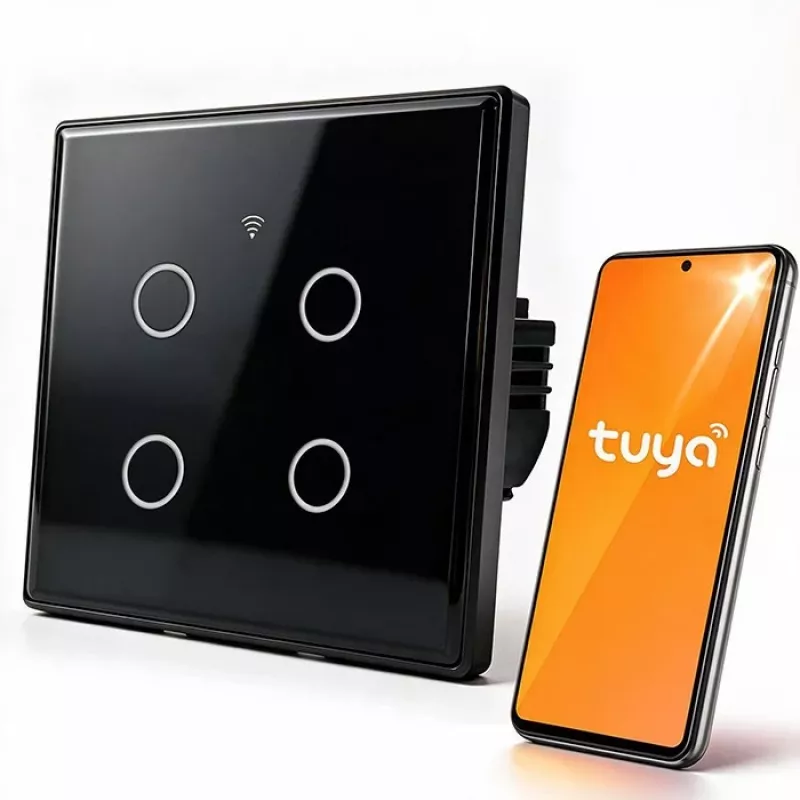 Qoltec Smart Touch Lichtschalter 4-fach Wi-Fi Timer Tuya | Gehärtetes Glas | Weiß