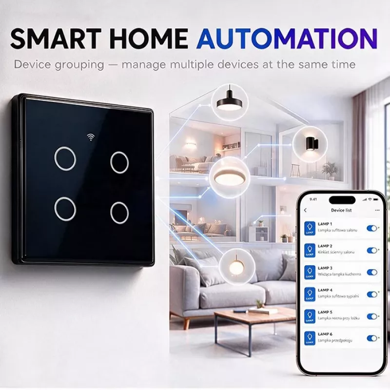Qoltec Smart Touch Lichtschalter 4-fach Wi-Fi Timer Tuya | Gehärtetes Glas | Weiß