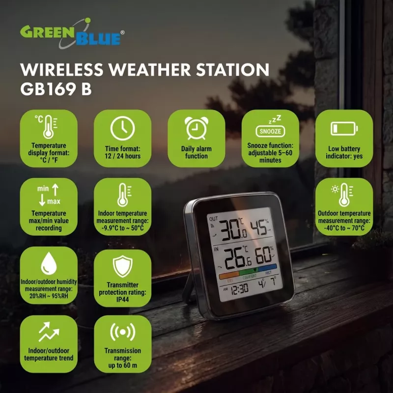 GREENBLUE GB169 B Funk-Wetterstation mit Farbdisplay und Außensensor