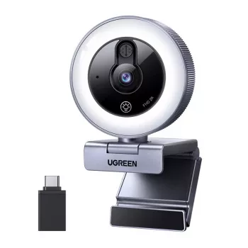 UGREEN 2K QHD Webcam mit LED-Fülllicht und eingebautem Mikrofon, 30fps, USB 2.0, Autofokus, 80° Sichtfeld, Clip-on & Stativ geeignet, Schwarz
