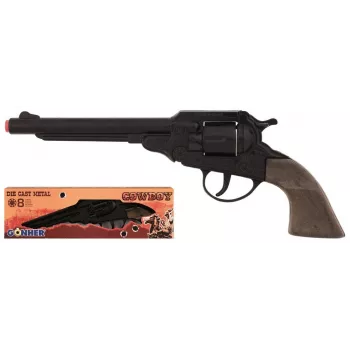 PULIO Cowboy Revolver Metall 8-Schuss Knallpistole - Schwarz/Silber mit braunen Griffen