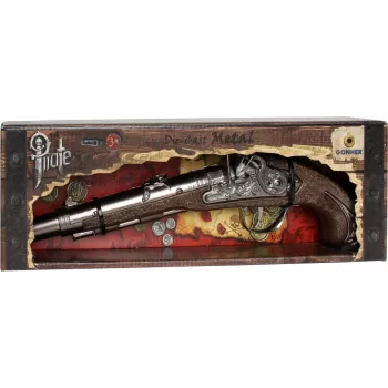 PULIO Gonher Metall-Piratenpistole Spielzeug-Pistole, Druckguss-Metall & Kunststoff, 8-Schuss Ringkapseln, Schwarz/Grau mit braunem Griff, ab 8 Jahren