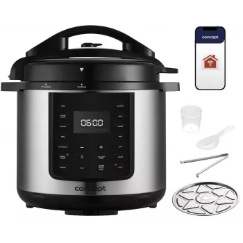 CONCEPT CK8001 Multikocher, 5L, 900W, 10 Programme, LED, antihaftbeschichteter Keramiktopf, Startzeitvorwahl, Warmhaltefunktion, Schwarz/Silber