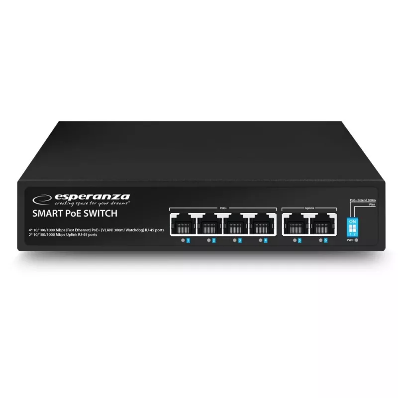 ESPERANZA 6-Port PoE+ Gigabit Switch 65W GOLIATH (4 PoE+ Ports, 2 Uplinks, 12 Gbps, lüfterloses Metall)