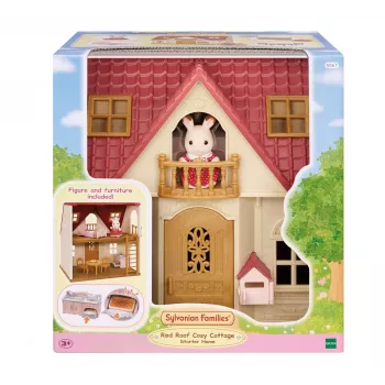 EPOCH Sylvanian Families Starter House - Red Roof Series Puppenhaus mit Freya Chocolate Rabbit und 10 Möbelstücken