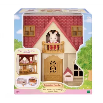 EPOCH Sylvanian Families Starter House - Red Roof Series Puppenhaus mit Freya Chocolate Rabbit und 10 Möbelstücken