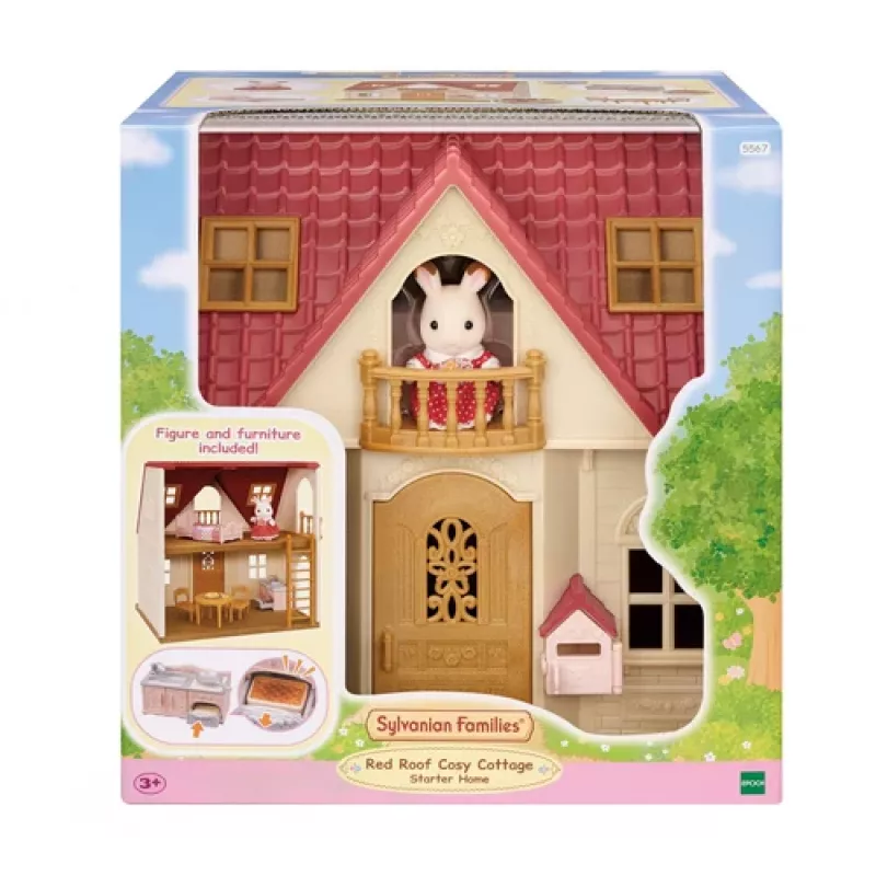 EPOCH Sylvanian Families Starter House - Red Roof Series Puppenhaus mit Freya Chocolate Rabbit und 10 Möbelstücken