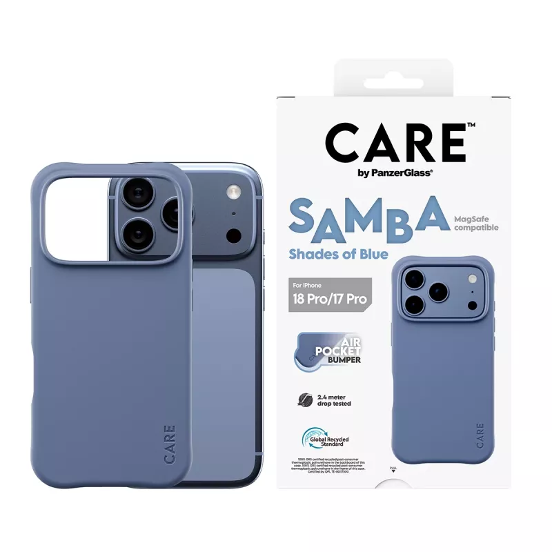 CARE by PanzerGlass Samba Hülle für iPhone 17 Pro / 18 Pro – Shades of Blue, MagSafe, recyceltes TPU, antimikrobiell, 3,6 m Sturzsicherung